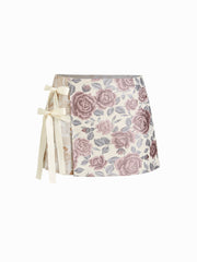 Jacquard Low Rise Floral Patched Bowknot Mini Skirt