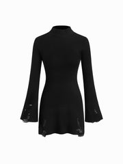Knit High Neck Bell Sleeve Ripped Mini Dress