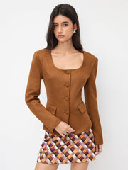 Suede Square Neck Long Sleeve Blazer