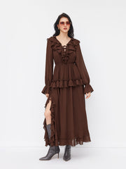 Chiffon V-neck Layered Ruffle Knotted Long Sleeve Maxi Dress
