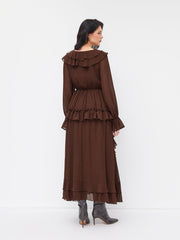 Chiffon V-neck Layered Ruffle Knotted Long Sleeve Maxi Dress