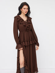 Chiffon V-neck Layered Ruffle Knotted Long Sleeve Maxi Dress