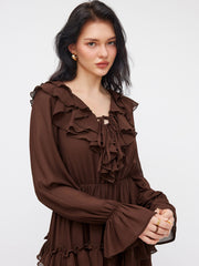 Chiffon V-neck Layered Ruffle Knotted Long Sleeve Maxi Dress