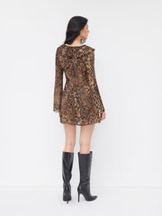 Chiffon Leopard V-neck Bell Sleeve Ruffle Trim Knotted Mini Dress