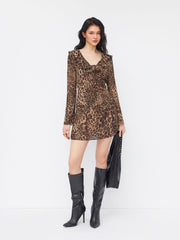 Chiffon Leopard V-neck Bell Sleeve Ruffle Trim Knotted Mini Dress