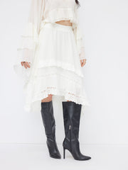 Cotton Mid Rise Broderie Anglaise Asymmetrical Hem Layered Maxi Skirt