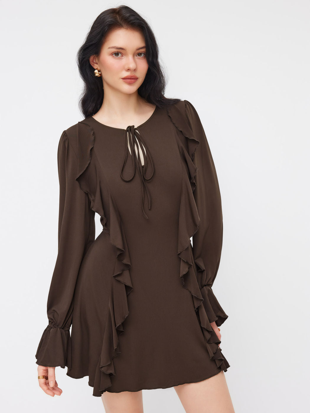 Ruffle Trim Tie Front Cut Out Long Sleeve Mini Dress