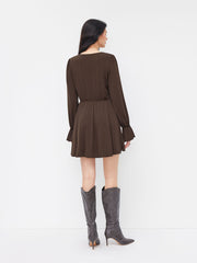 Ruffle Trim Tie Front Cut Out Long Sleeve Mini Dress