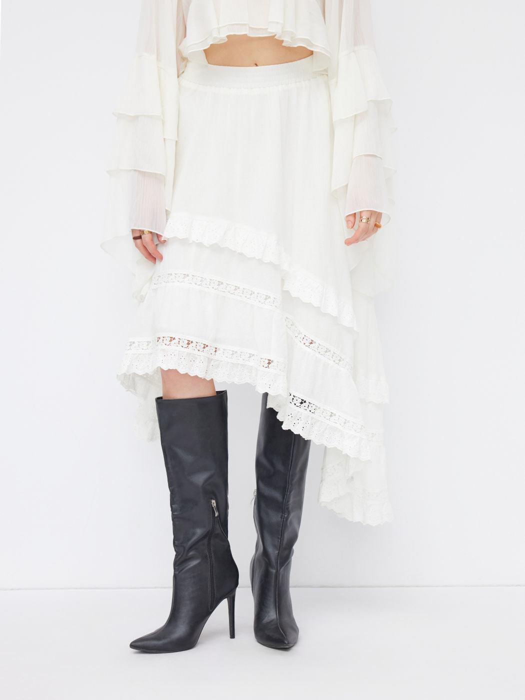 Cotton Mid Rise Broderie Anglaise Asymmetrical Hem Layered Maxi Skirt