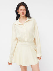 Collar Shirred Ruched Long Sleeve Mini Shirt Dress