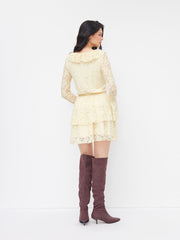 Lace Floral V-neck Long Sleeve Ruffle Lace Up Layered Mini Dress