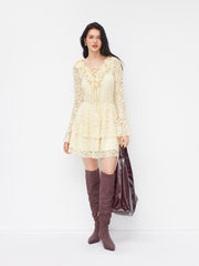 Lace Floral V-neck Long Sleeve Ruffle Lace Up Layered Mini Dress