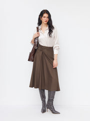 Cotton-blend Mid Rise Twist Ruffle Midi Skirt