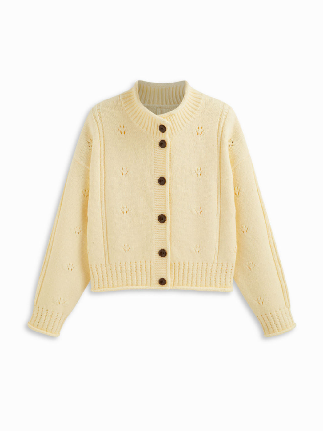 Knit Stand Collar Long Sleeve Hollow Out Button Oversized Cardigan