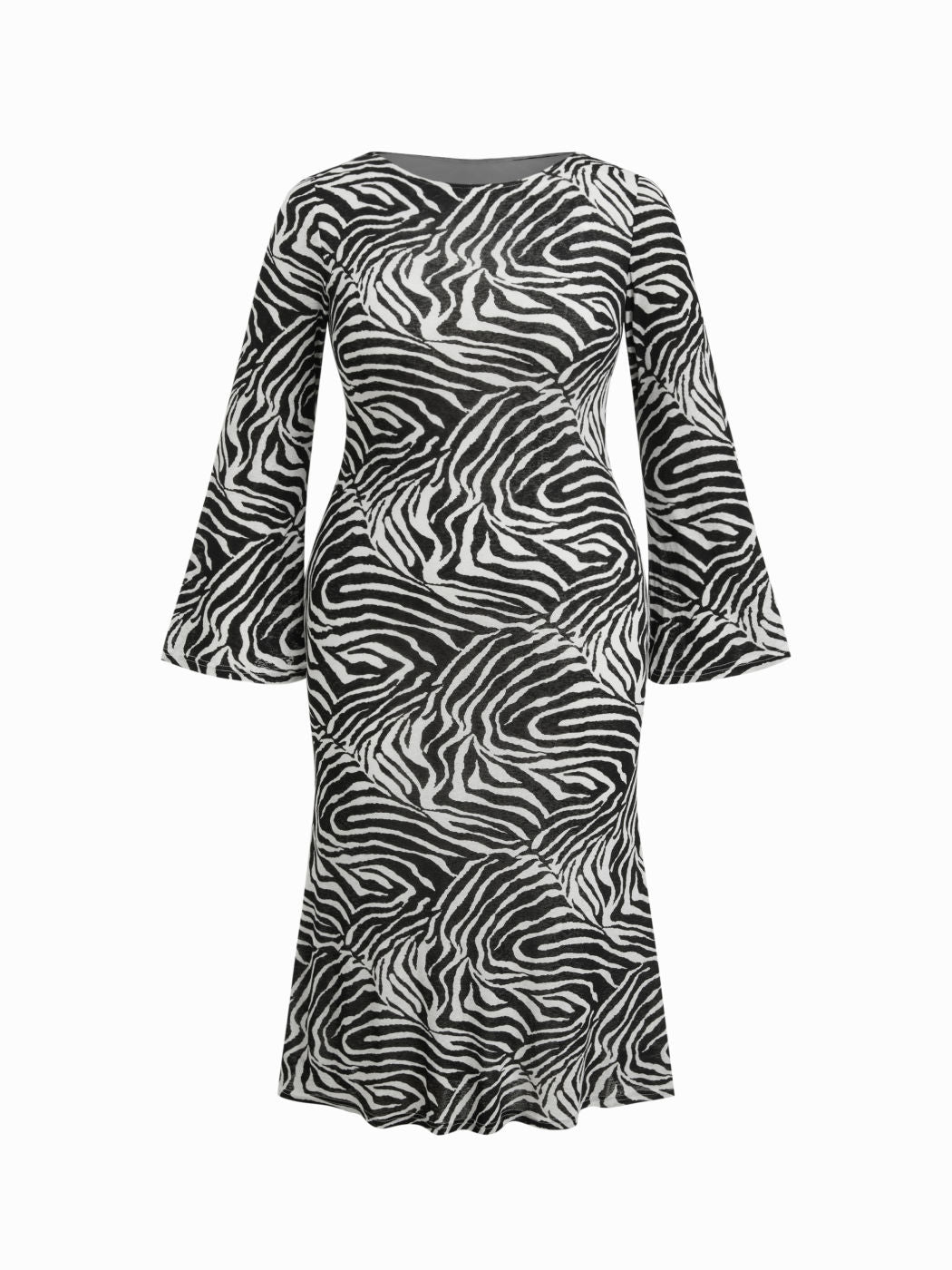 Zebra Striped Boat Neck Bell Sleeve Ruffle Hem Maxi Dress Curve & Plus