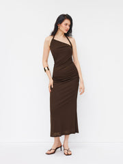 Mesh Halter Neckline Twist Ruched Top & Mid Rise Maxi Skirt Set