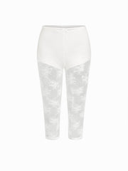 Lace Two Piece Mid Rise Floral Bowknot Capri Shorts