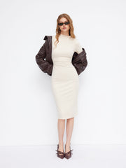 Cotton-blend High Neck Long Sleeve Ruched Midi Dress