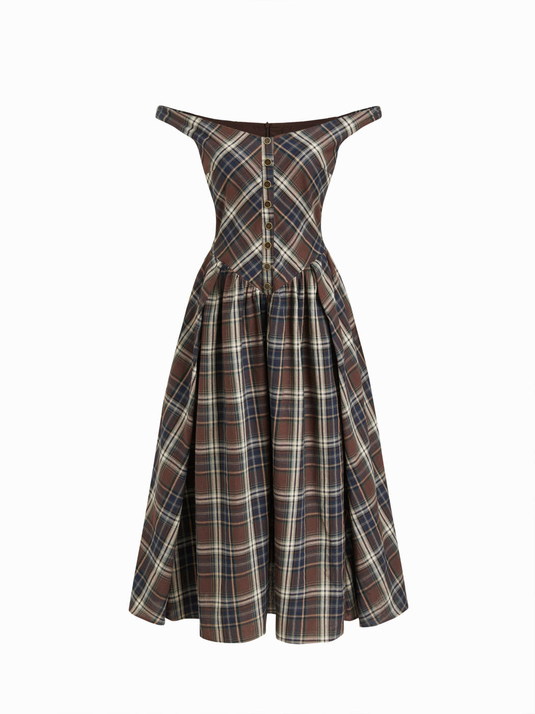 Cotton Plaid Off-shoulder Button Front Ruffle Midi Dress