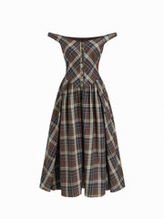 Cotton Plaid Off-shoulder Button Front Ruffle Midi Dress
