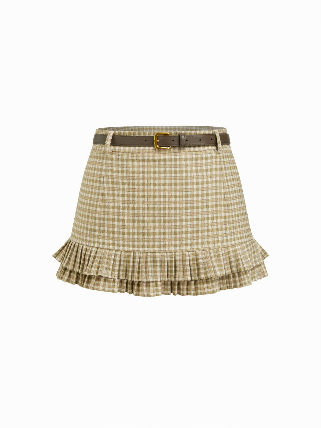 Plaid Low Rise Pleated Layered Mini Skirt With Belt