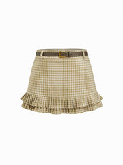 Plaid Low Rise Pleated Layered Mini Skirt With Belt
