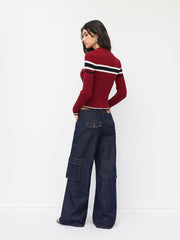 93 Knit High Neck Half Zip Contrasting Binding Top
