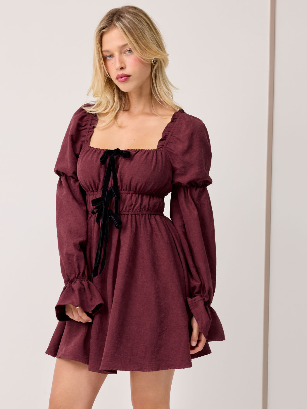 Velvet Square Neck Tiered Bowknot Bell Sleeve Mini Dress