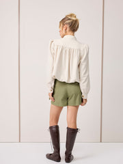 High Rise Ruffle Trim Solid Shorts With Belt