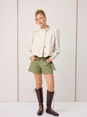 High Rise Ruffle Trim Solid Shorts With Belt