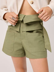 High Rise Ruffle Trim Solid Shorts With Belt