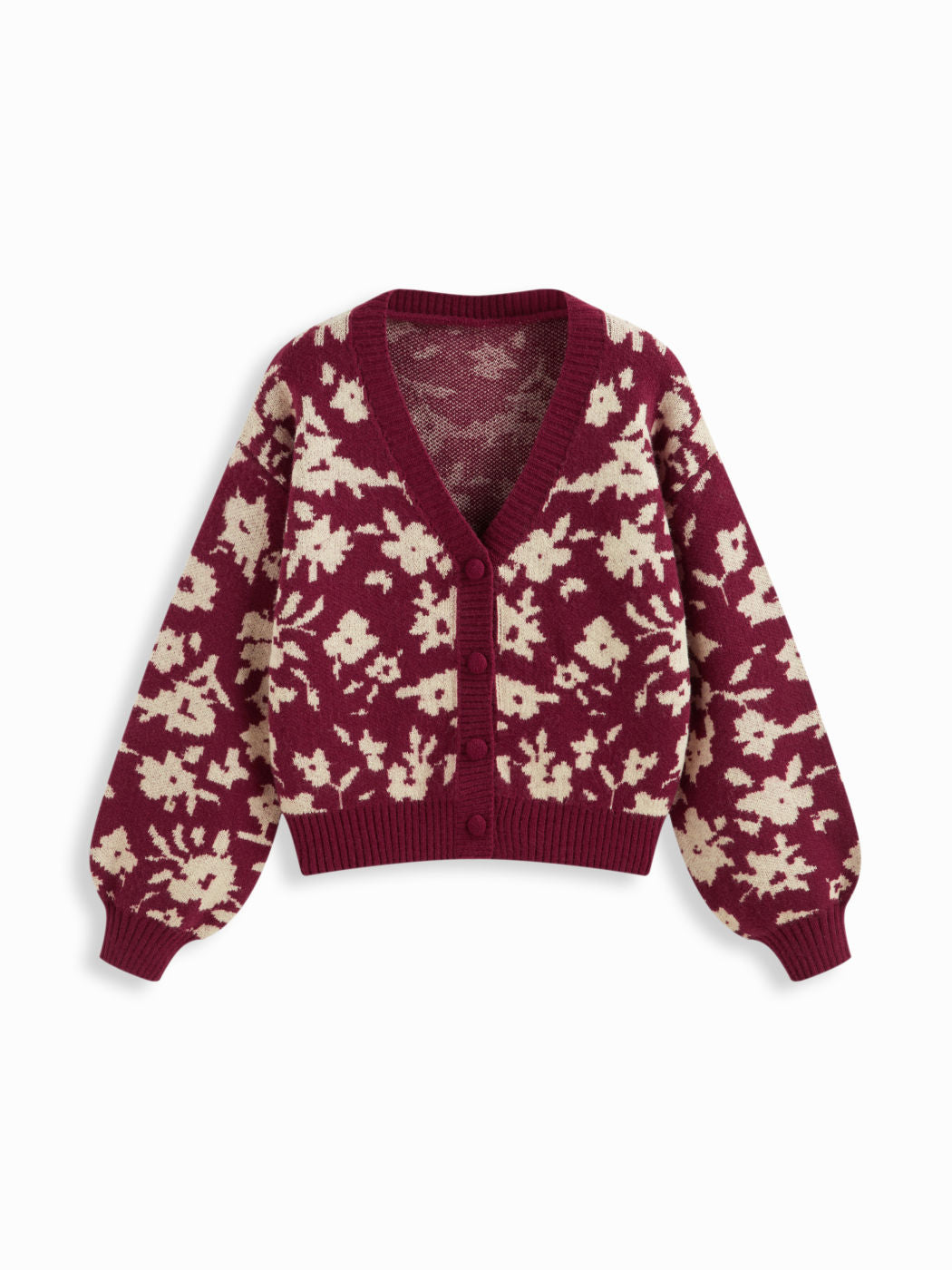 Knit Floral V-neck Long Sleeve Button Cardigan