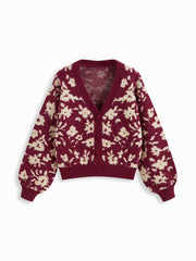 Knit Floral V-neck Long Sleeve Button Cardigan