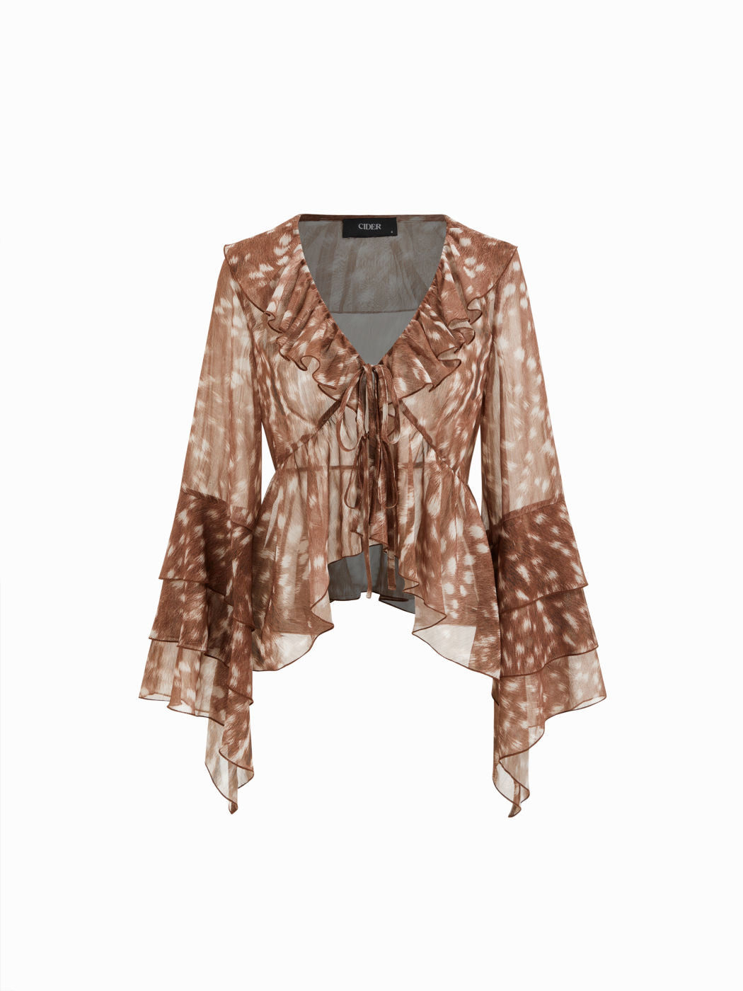 Chiffon V-neck Deer Print Knotted Ruffle Layered Long Sleeve Blouse
