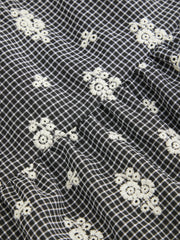 Cotton-blend Mid Rise Check Floral Embroidery Elastic Waist Tiered Maxi Skirt