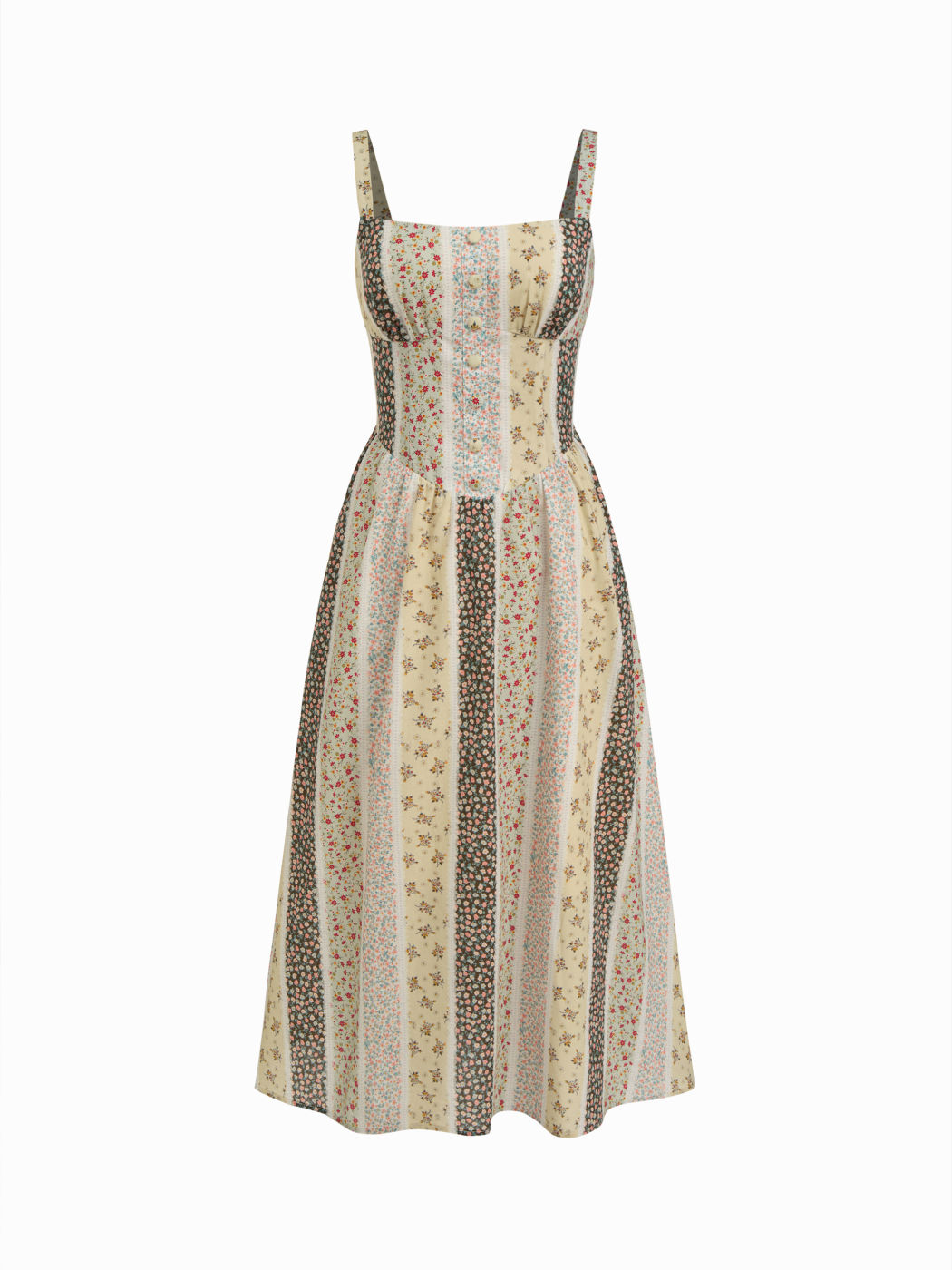 100% Cotton Floral Colorblock Lace Up A-line Maxi Cami Dress