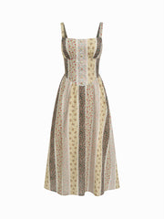 100% Cotton Floral Colorblock Lace Up A-line Maxi Cami Dress