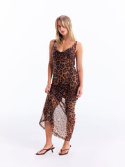 Mesh Leopard Cowl Neck Criss Cross Maxi Slip Dress