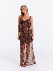 Mesh Leopard Cowl Neck Criss Cross Maxi Slip Dress