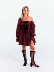 Velvet Square Neck Tiered Bowknot Bell Sleeve Mini Dress