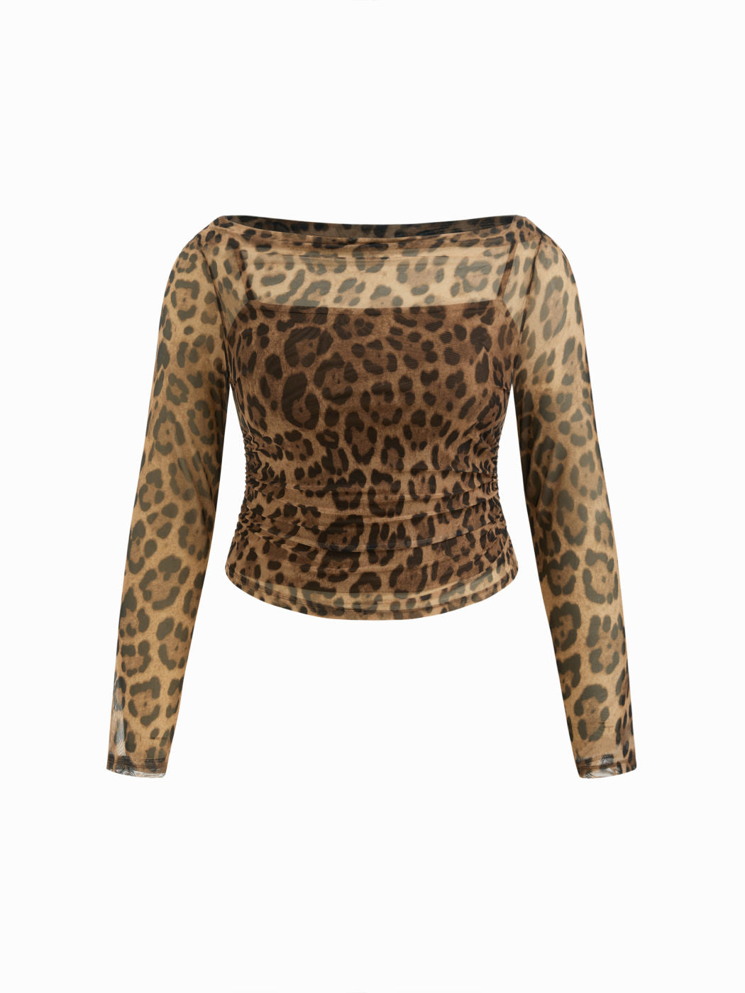 Mesh Leopard Boat Neck Long Sleeve See-through Top With Cami Top Curve & Plus