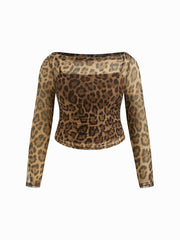 Mesh Leopard Boat Neck Long Sleeve See-through Top With Cami Top Curve & Plus