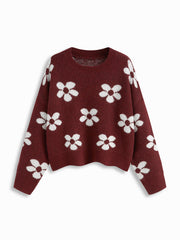 Knit Round Neckline Floral Sweater