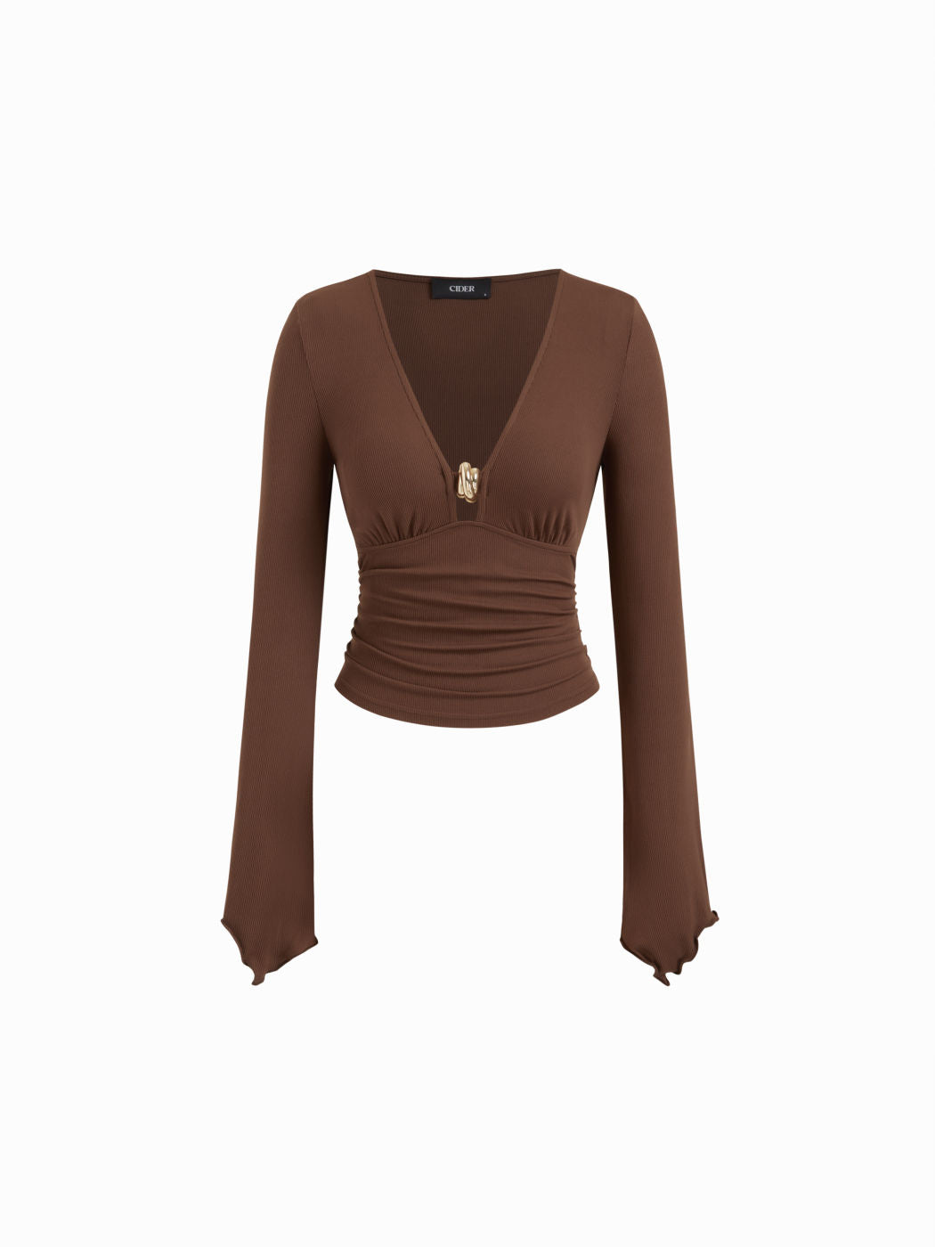 V-neck Metal Detail Long Sleeve Ruched Lettuce Trim Top