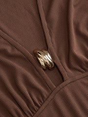 V-neck Metal Detail Long Sleeve Ruched Lettuce Trim Top