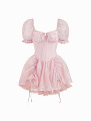 U-neckline Lettuce Trim Drawstring Lace Up Puff Sleeve Mini Dress