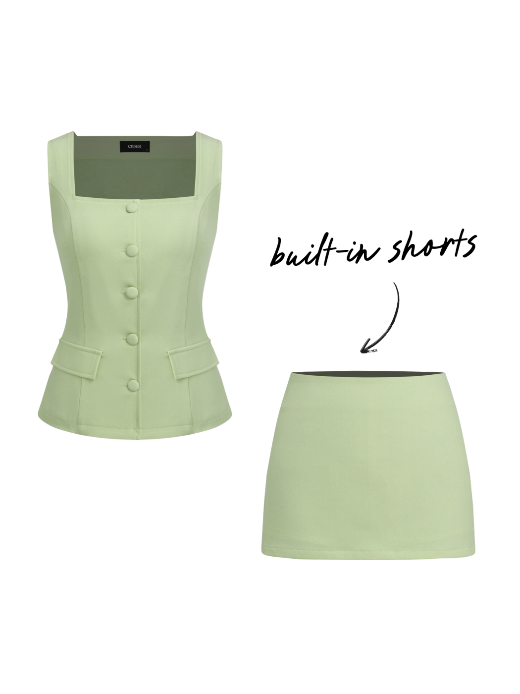 Square Neck Waistcoat & Mid Rise Mini Skirt
