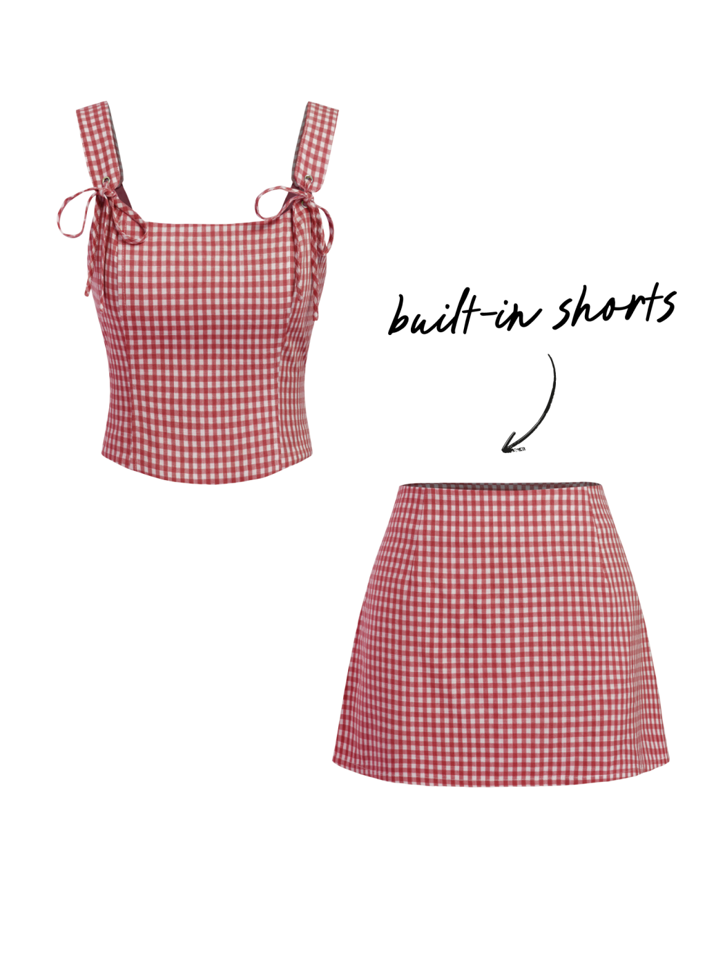 U-neckline Gingham Bowknot Crop Tank Top & Low Rise Mini Skirt Set