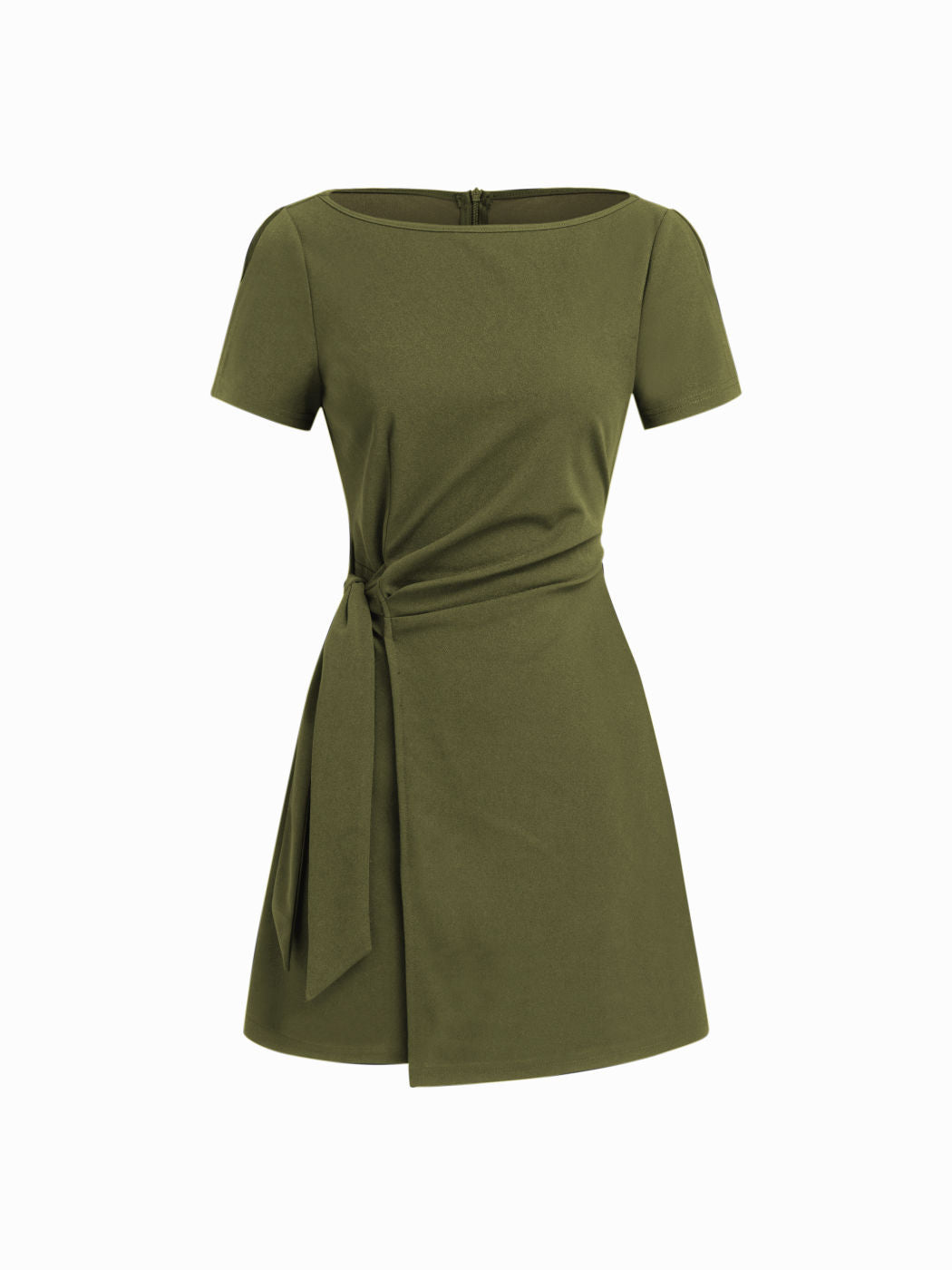 Boat Neck Ruched Knotted Split Sleeve Mini Dress