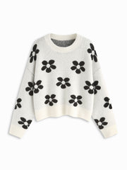 Knit Round Neckline Floral Sweater